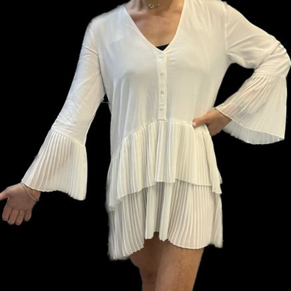 ZARA Pleated Tiered Mini Dress/Blouse White Layered Ruffled Button Down | Small